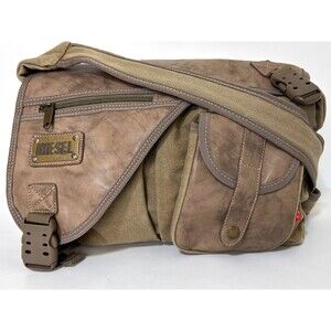 Vintage Diesel Spare Parts Crossbody Leather Canvas Messenger Bag Army Green